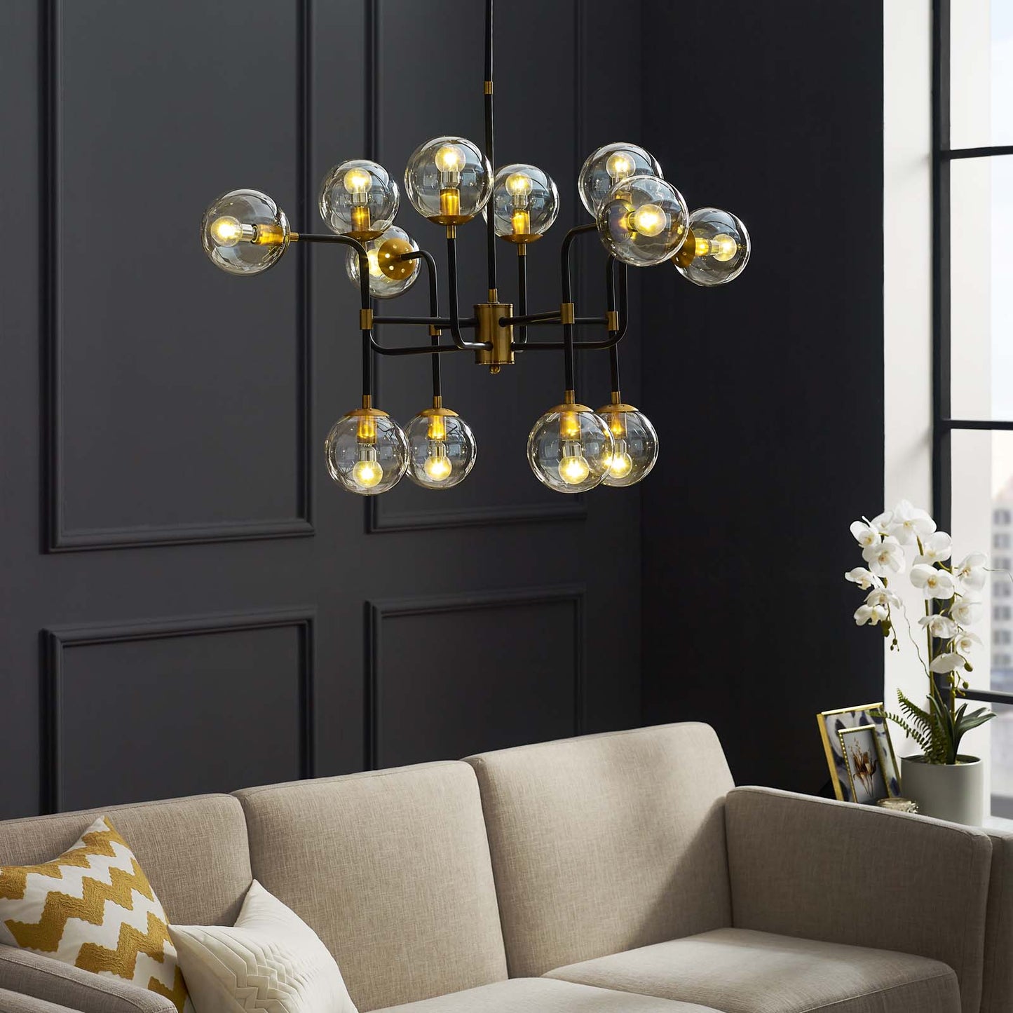 Ambition Amber Glass And Antique Brass 12 Light Pendant Chandelier By Modway - EEI-2884 | Ceiling Lamps | Modishstore - 4