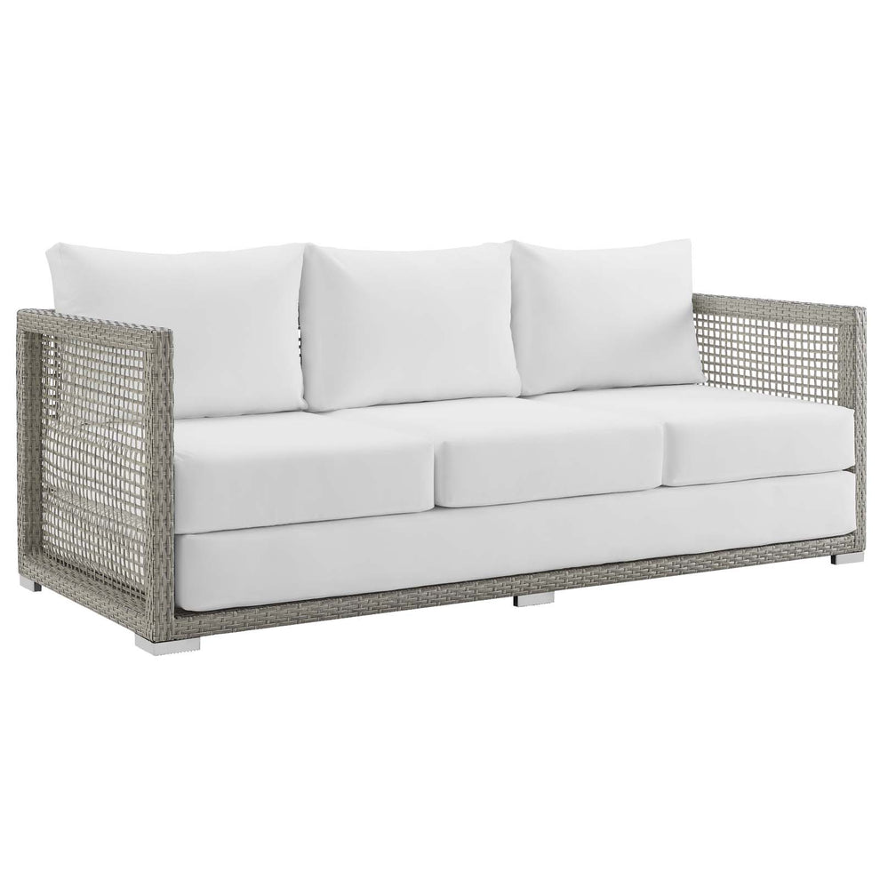 Modway Aura Outdoor Patio Wicker Rattan Sofa - EEI-2923 Gray Rattan and white or blue cushions .Machine Washable Cushion Covers Powder Coated Aluminum Frame | Outdoor Sofas, Loveseats & Sectionals | Modishstore - 1