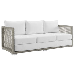 Modway Aura Outdoor Patio Wicker Rattan Sofa - EEI-2923 Gray Rattan and white or blue cushions .Machine Washable Cushion Covers Powder Coated Aluminum Frame