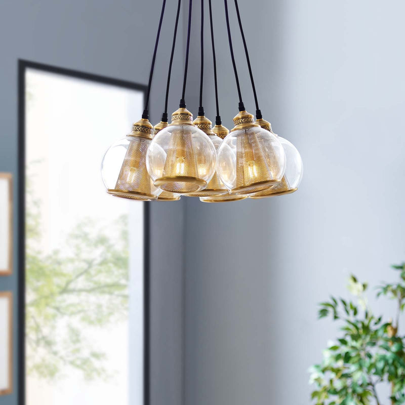 Modway Peak Brass Cone and Glass Globe Cluster Pendant Chandelier | Chandeliers | Modishstore