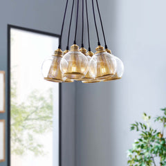 Peak Brass Cone and Glass Globe Cluster Pendant Chandelier By Modway - EEI-3083
