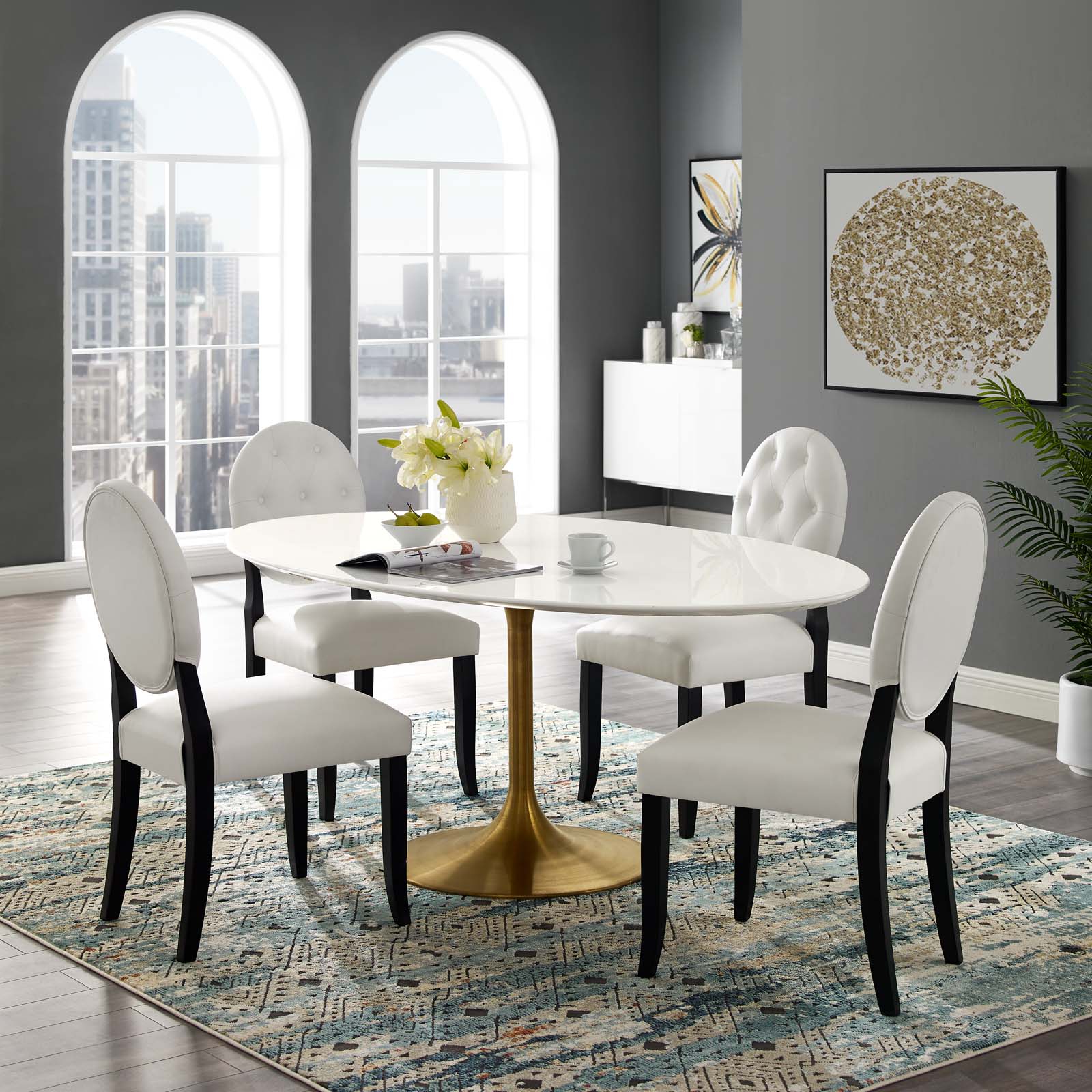 Modway Lippa 78" Oval Wood Top Dining Table in Gold White | Dining Tables | Modishstore