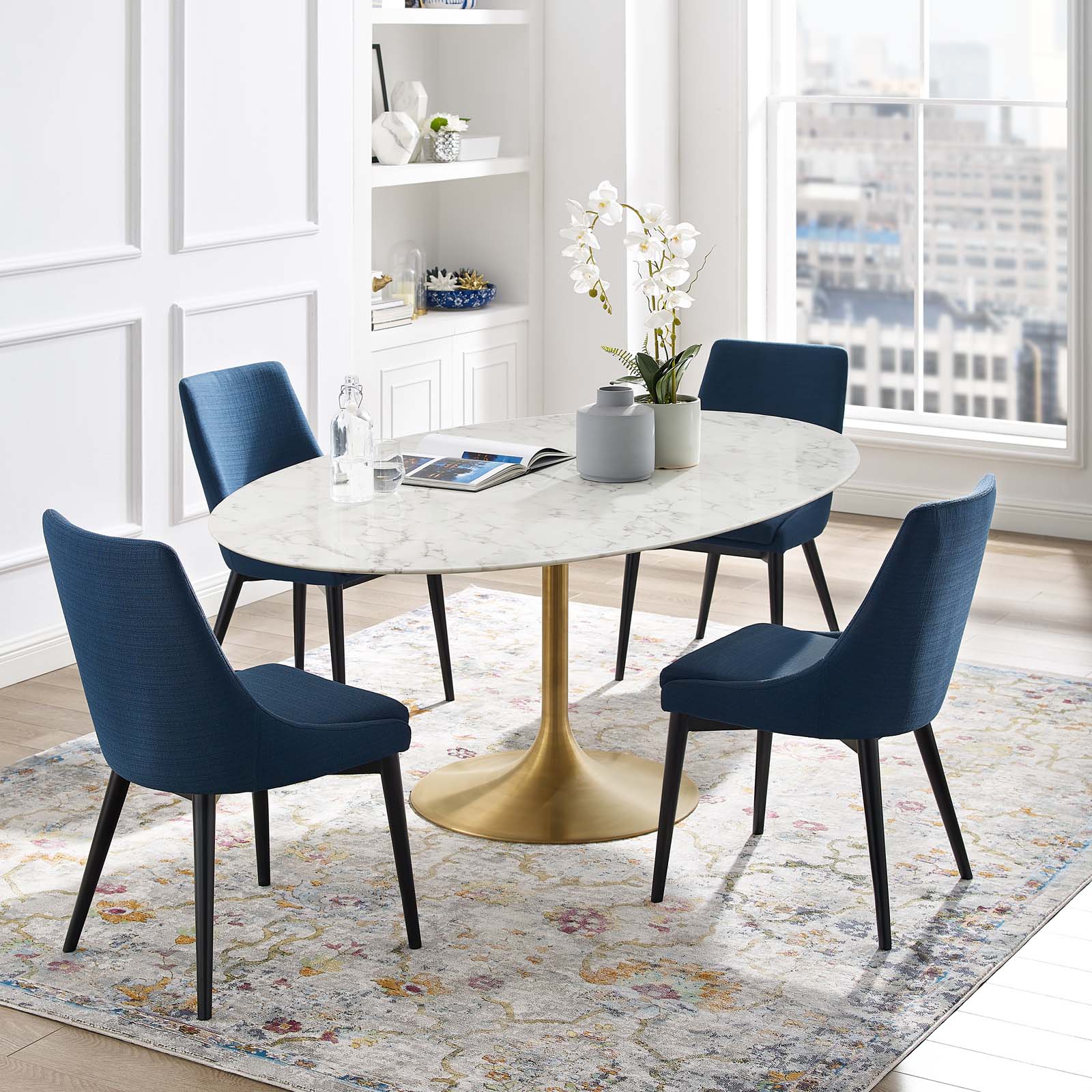Modway Lippa 78" Oval Artificial Marble Dining Table in Gold White - EEI-3257 | Dining Tables | Modishstore - 1
