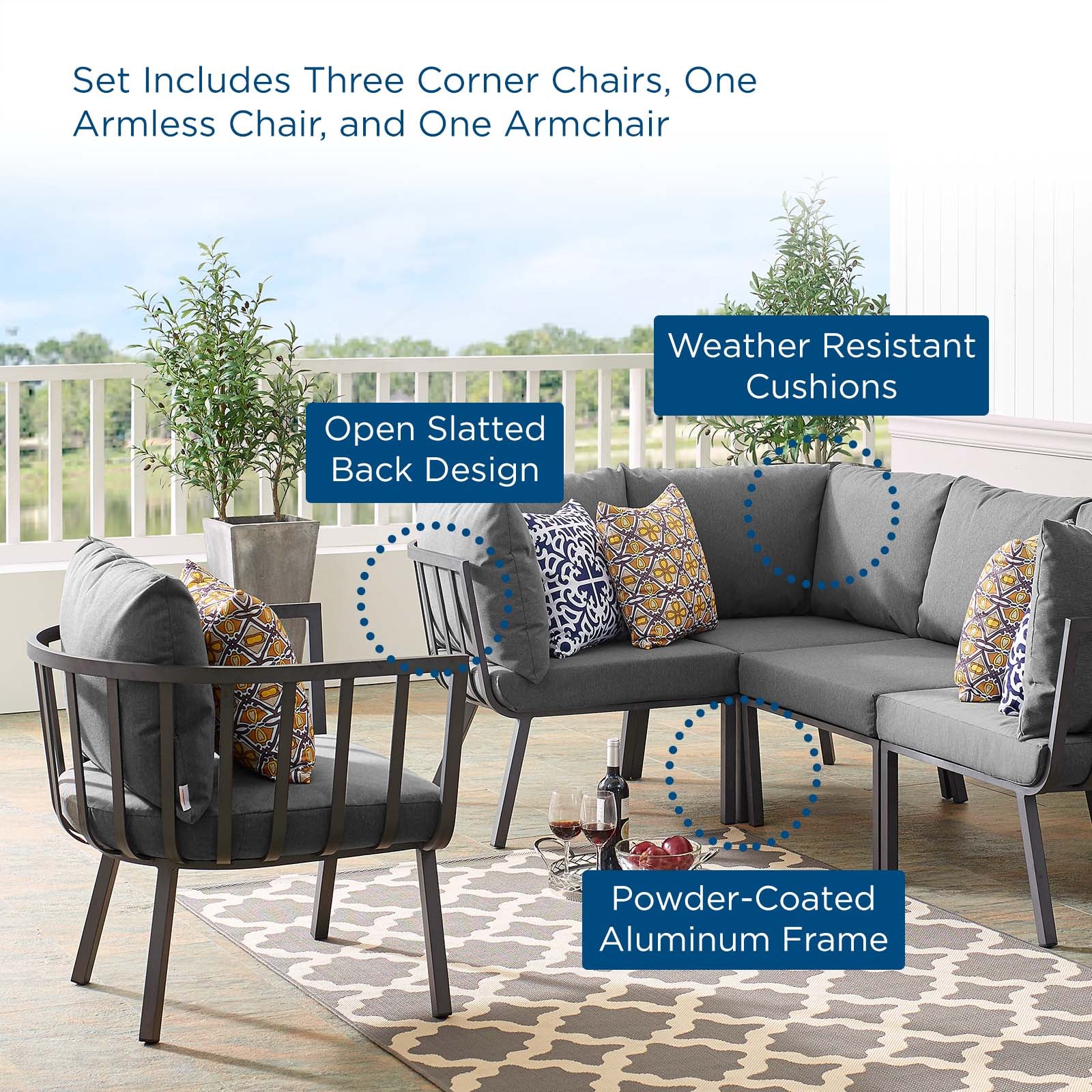Riverside 5 Piece Outdoor Patio Aluminum Set By Modway | Outdoor Sofas, Loveseats & Sectionals | Modishstore-17