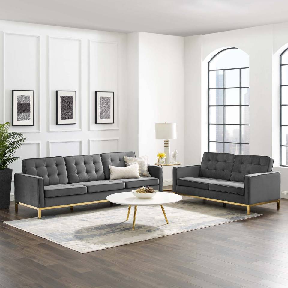 Modway Loft Gold Stainless Steel Leg Performance Velvet Sofa and Loveseat Set - EEI-4099 | Sofa Set | Modishstore - 1