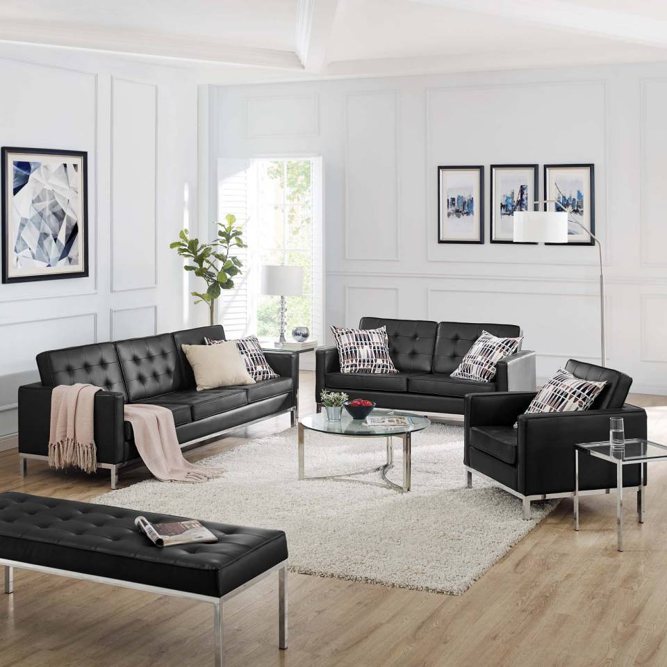 Modway Loft Tufted Upholstered Faux Leather 3 Piece Set - EEI-4107 | Sofa Set | Modishstore - 1