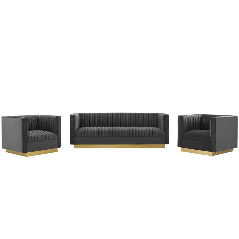 Modway Sanguine 3 Piece Vertical Channel Tufted Upholstered Performance Velvet Set - EEI-4144 | Sofa Set | Modishstore - 2