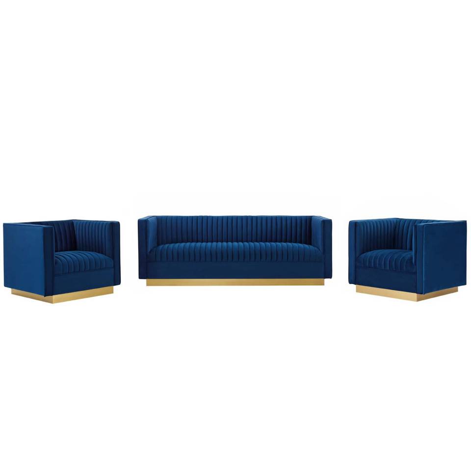 Modway Sanguine 3 Piece Vertical Channel Tufted Upholstered Performance Velvet Set - EEI-4144 | Sofa Set | Modishstore - 7