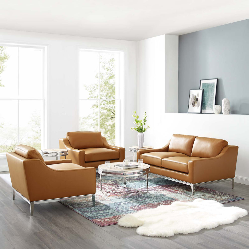 Harness 3 Piece Stainless Steel Base Leather Set By Modway - EEI-4201 | Sofa Set | Modishstore - 1