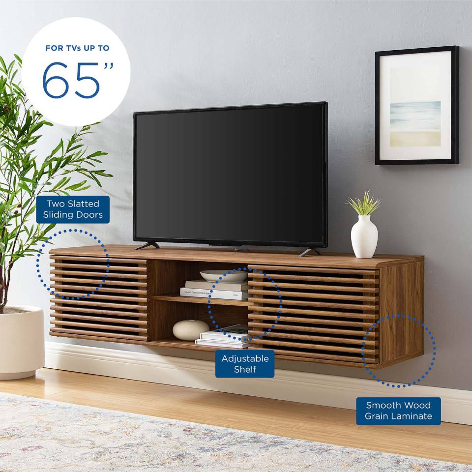 Modway Render 60" Wall-Mount Media Console TV Stand - EEI-4267 for flat screen upto 65 in  Walnut Console table  Adjustable center shelf  sliding doors | TV Stands | Modishstore - 6