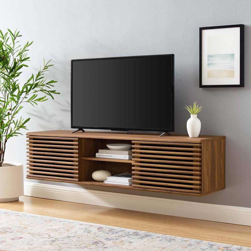 Modway Render 60" Wall-Mount Media Console TV Stand - EEI-4267 for flat screen upto 65 in  Walnut Console table  Adjustable center shelf  sliding doors | TV Stands | Modishstore - 1