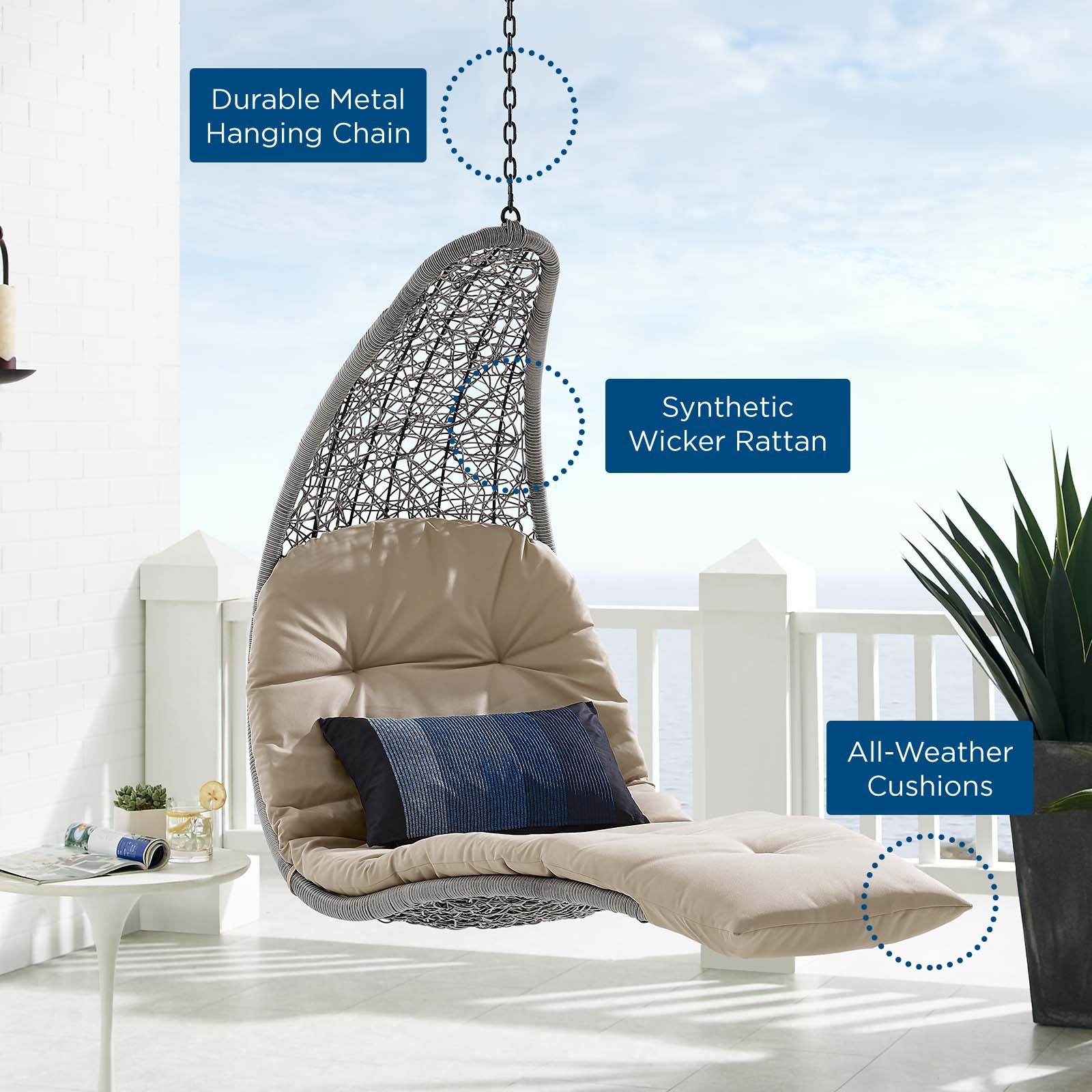 Landscape Outdoor Patio Hanging Chaise Lounge Outdoor Patio Swing Chair By Modway - EEI-4589 | Outdoor Porch Swings | Modishstore - 6