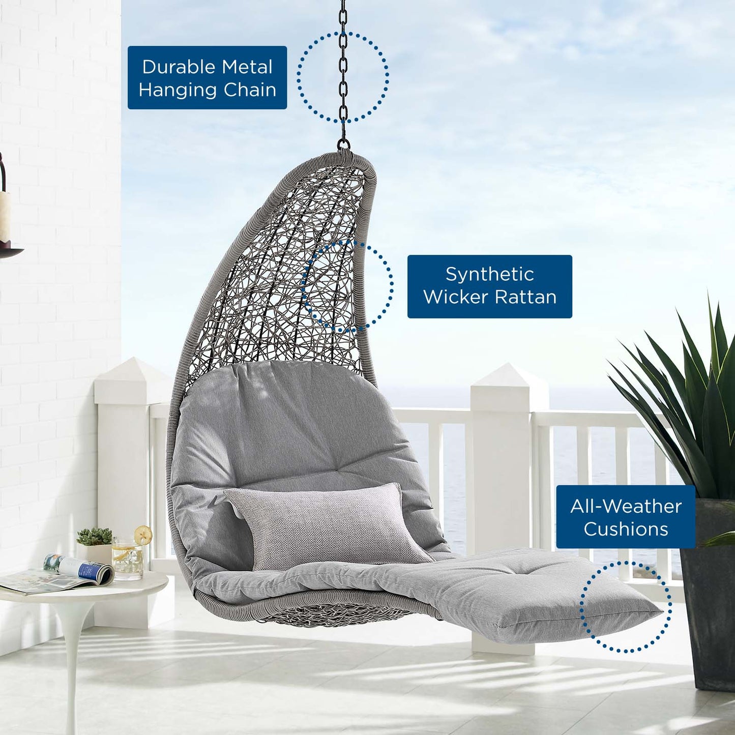 Landscape Outdoor Patio Hanging Chaise Lounge Outdoor Patio Swing Chair By Modway - EEI-4589 | Outdoor Porch Swings | Modishstore - 11