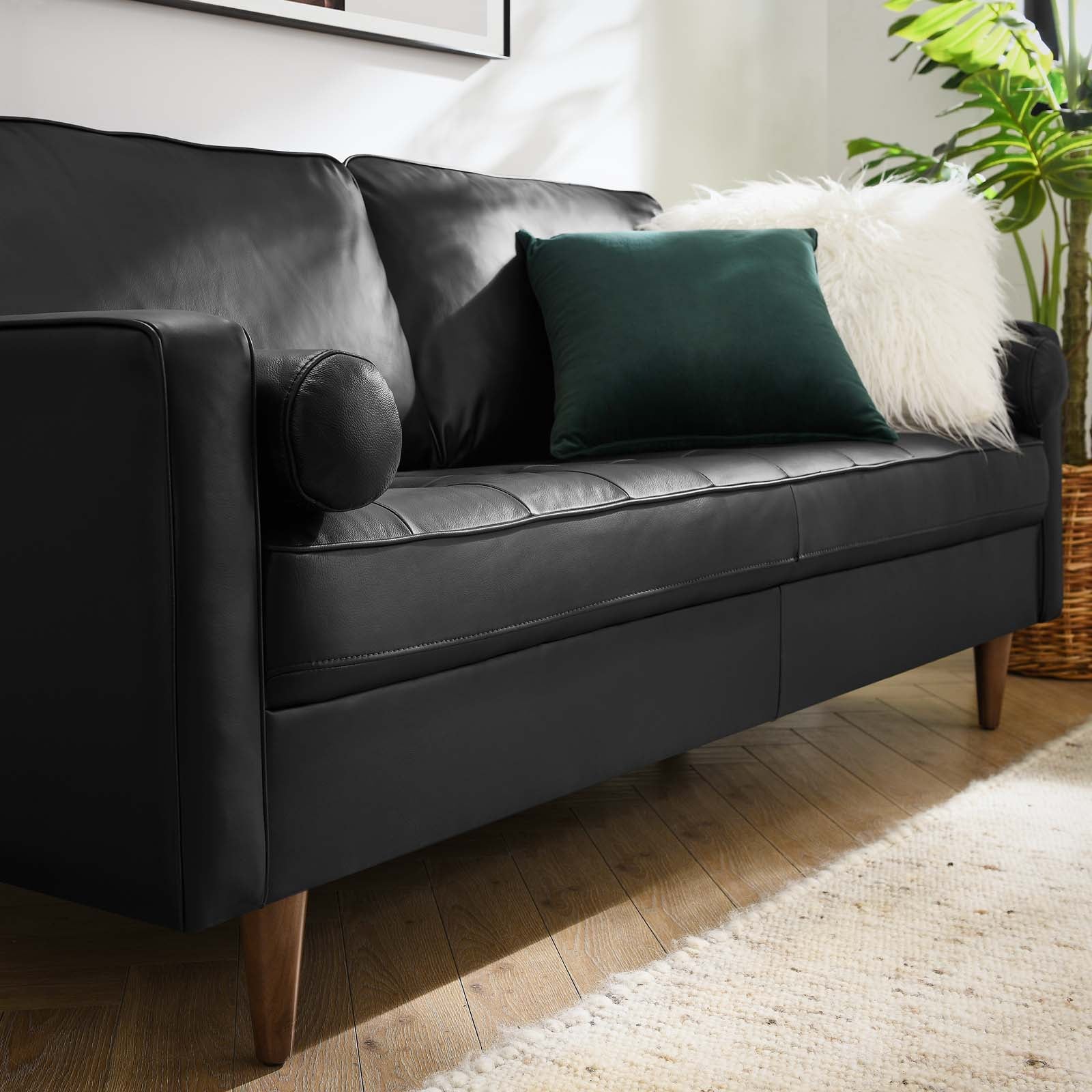 Modway Valour Leather Sofa with Tufting Mid-Century Modern Walnut