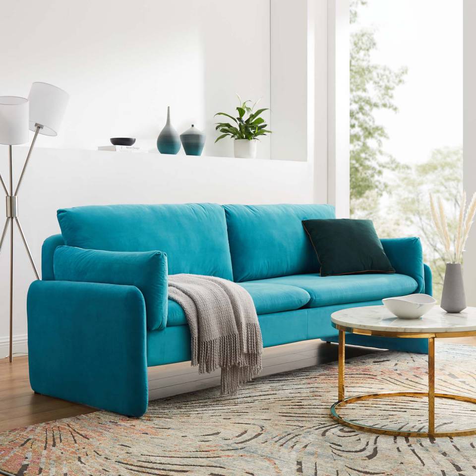 Modway Indicate Performance Velvet Sofa - EEI-5150 in Blue ,Charcoal, Cognac, Dusty Rose , Emerald, Navy, Orange and Pink  80 inch wide Stain-Resistant Performance Velvet | Sofas | Modishstore - 1