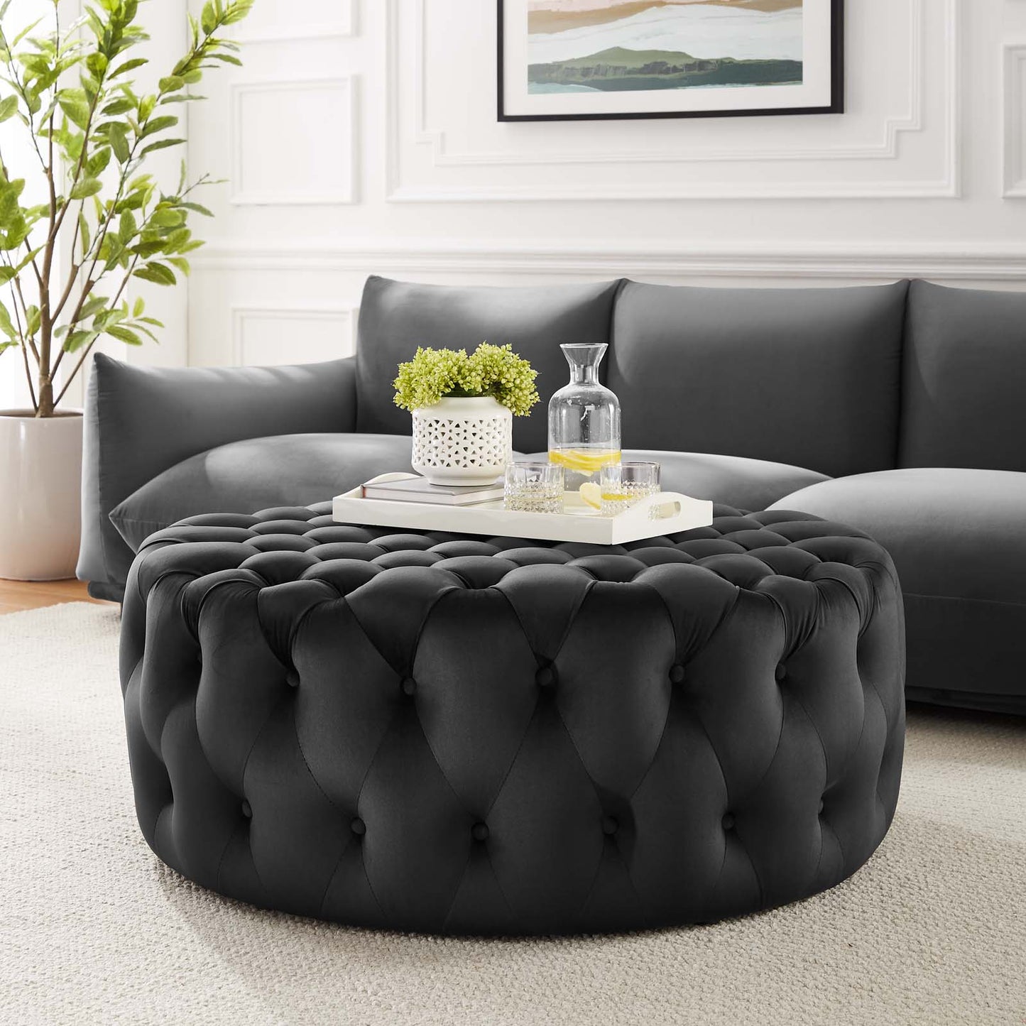 Amour Tufted Button Large Round Performance Velvet Ottoman By Modway - EEI-5469 | Ottomans | Modishstore - 1