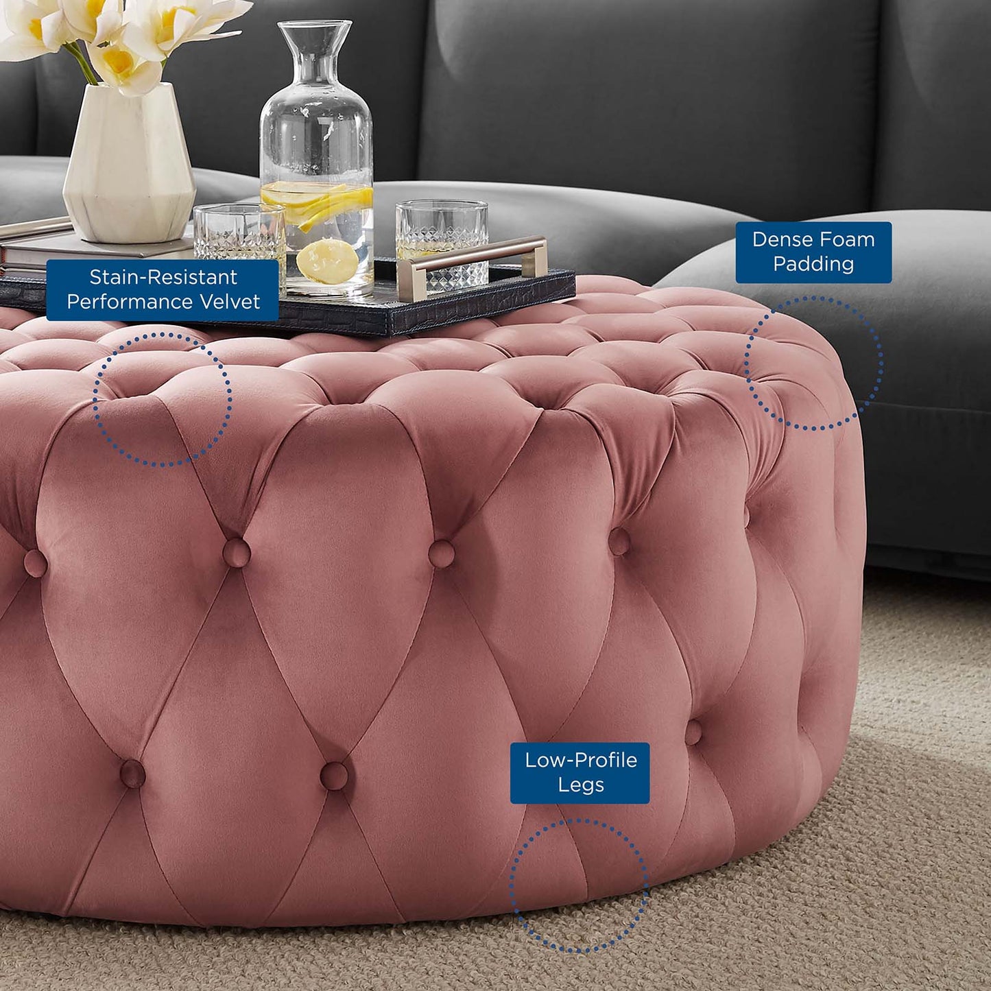 Amour Tufted Button Large Round Performance Velvet Ottoman By Modway - EEI-5469 | Ottomans | Modishstore - 17