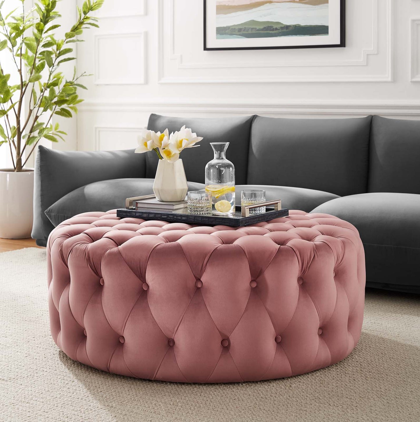 Amour Tufted Button Large Round Performance Velvet Ottoman By Modway - EEI-5469 | Ottomans | Modishstore - 18