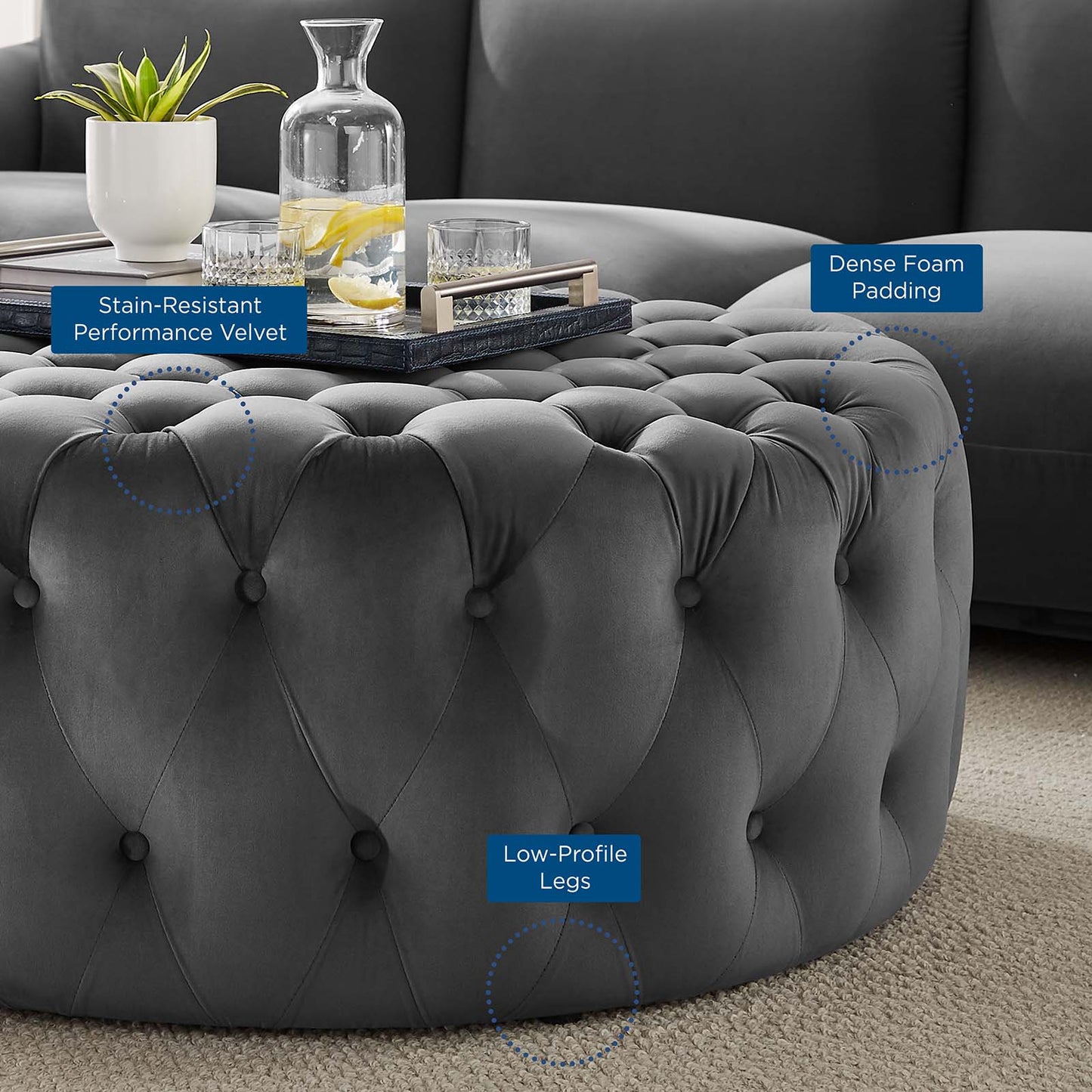 Amour Tufted Button Large Round Performance Velvet Ottoman By Modway - EEI-5469 | Ottomans | Modishstore - 29