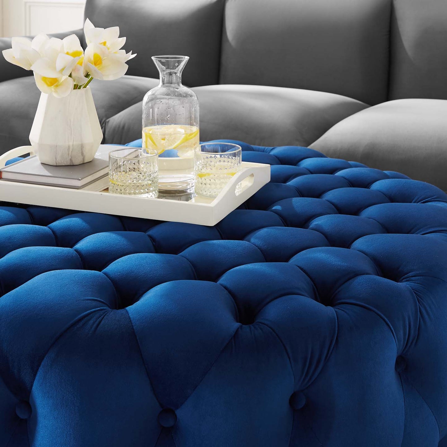 Amour Tufted Button Large Round Performance Velvet Ottoman By Modway - EEI-5469 | Ottomans | Modishstore - 46