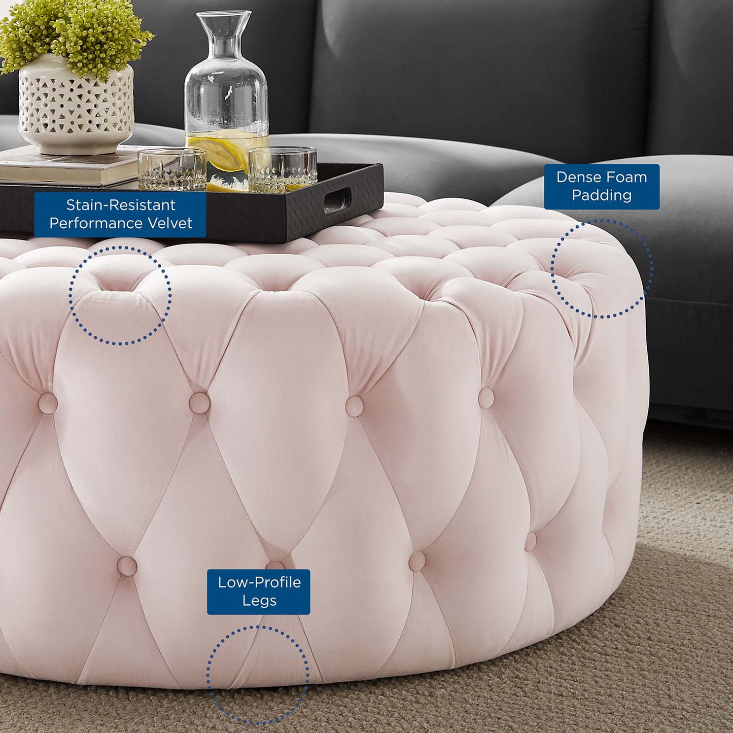 Amour Tufted Button Large Round Performance Velvet Ottoman By Modway - EEI-5469 | Ottomans | Modishstore - 59