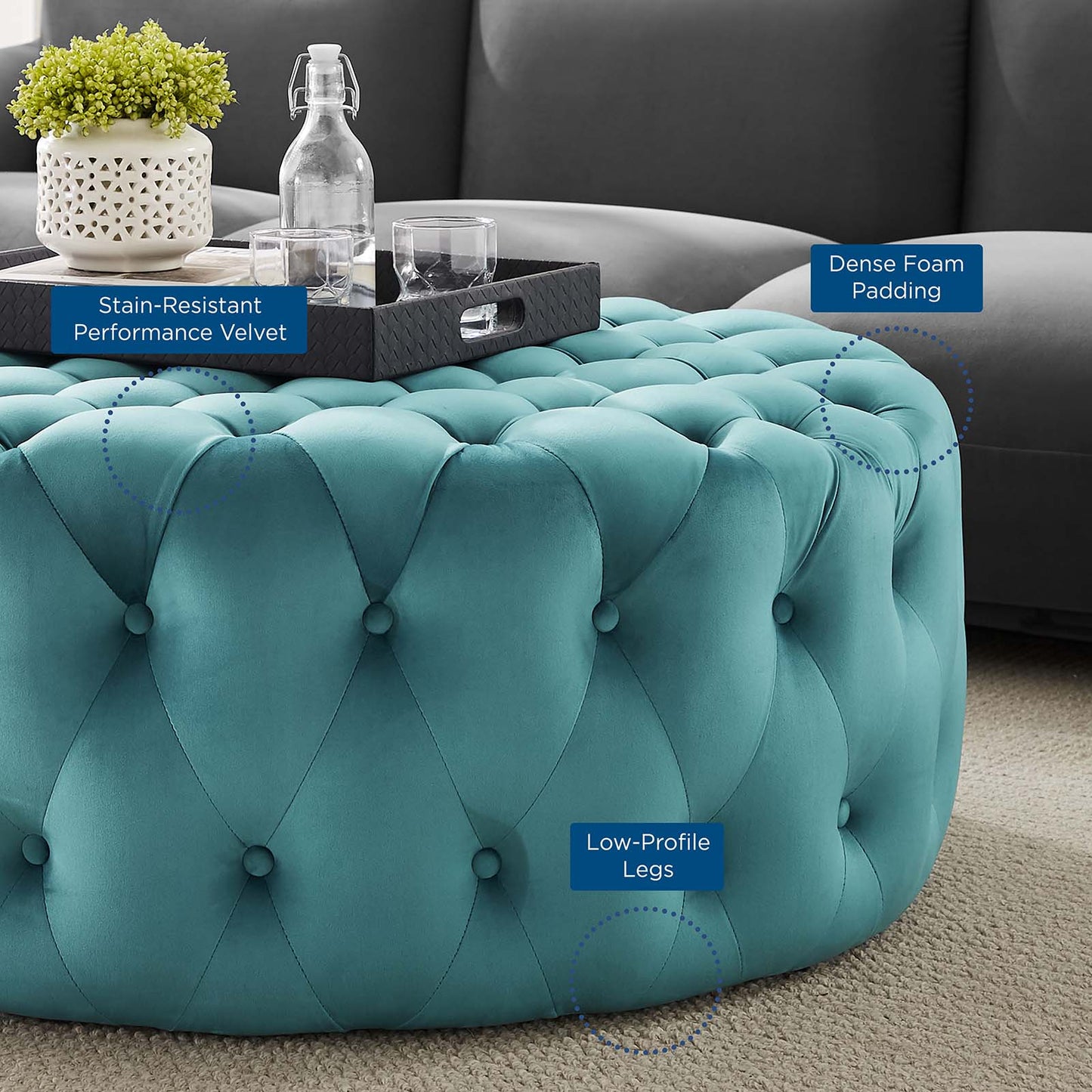 Amour Tufted Button Large Round Performance Velvet Ottoman By Modway - EEI-5469 | Ottomans | Modishstore - 65
