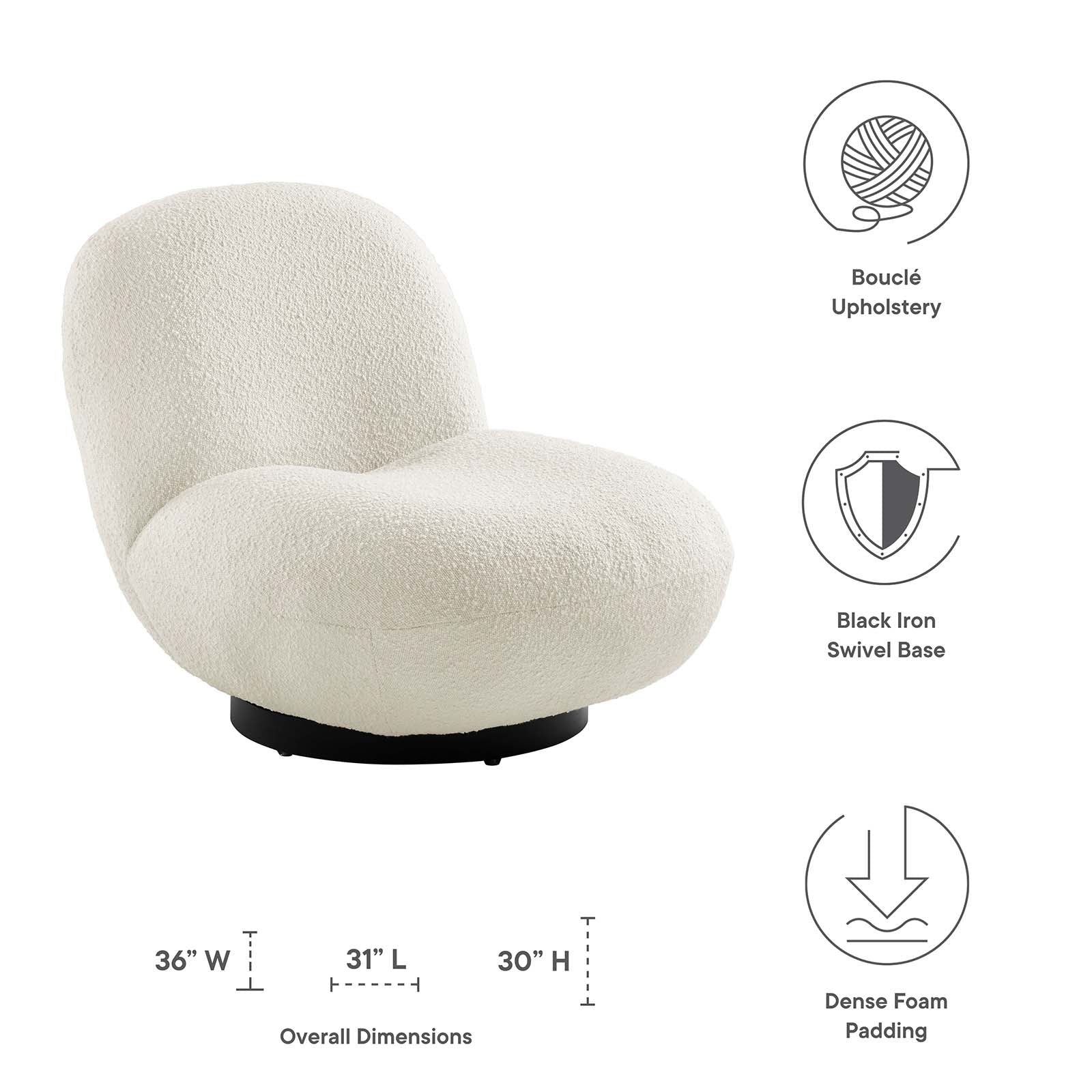 Kindred Boucle Upholstered Upholstered Fabric Swivel Chair By Modway - EEI-5486 | Lounge Chairs | Modishstore - 3