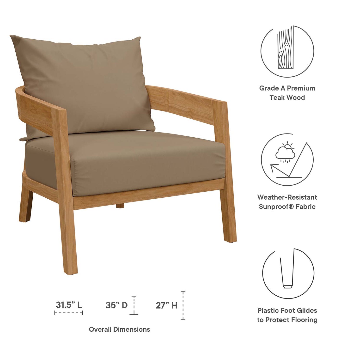Brisbane Teak Wood Outdoor Patio Armchair By Modway - EEI-5602-NAT-GRY | Outdoor Chairs |  Modishstore - 14