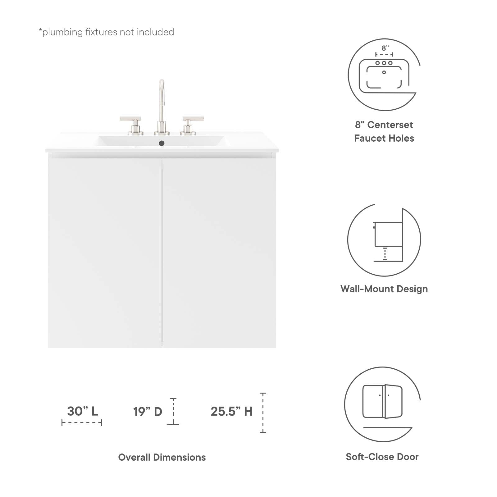 Bryn 30" Wall-Mount Bathroom Vanity By Modway - EEI-5778-GRY-BLK | Bathroom Accessories |  Modishstore - 31