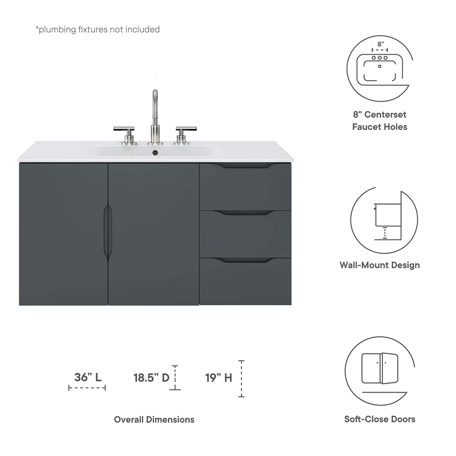 Vitality 36" Bathroom Vanity By Modway - EEI-5783-GRY-BLK | Bathroom Accessories |  Modishstore - 16