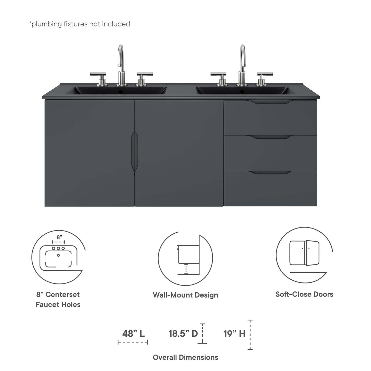 Vitality 48" Double Sink Bathroom Vanity By Modway - EEI-5785-GRY-BLK | Bathroom Accessories |  Modishstore - 8