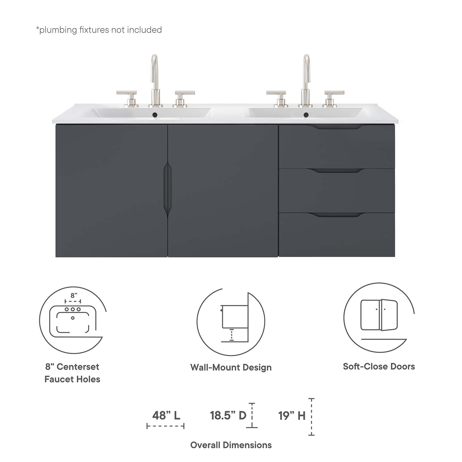 Vitality 48" Double Sink Bathroom Vanity By Modway - EEI-5785-GRY-BLK | Bathroom Accessories |  Modishstore - 16