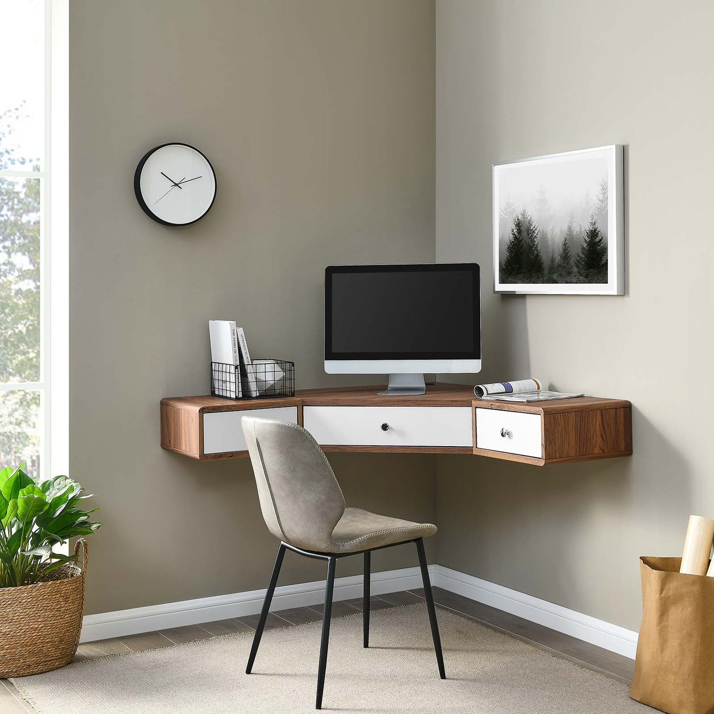 Transmit 47" Wall Mount Corner Walnut Office Desk By Modway - EEI-5862 | Desks | Modishstore - 1