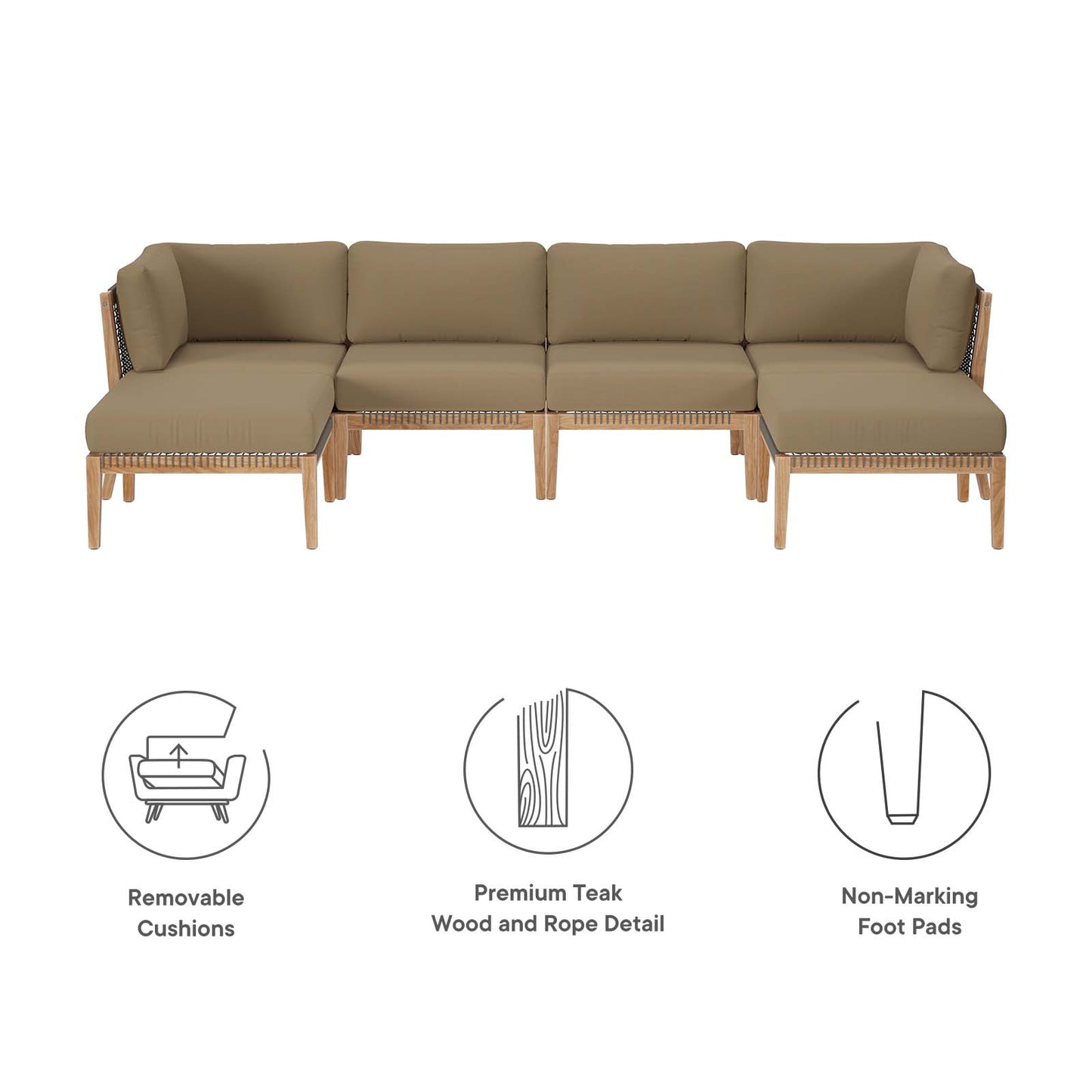 Clearwater Outdoor Patio Teak Wood 6-Piece Sectional Sofa By Modway - EEI-6122 | Outdoor Sofas, Loveseats & Sectionals | Modishstore - 17