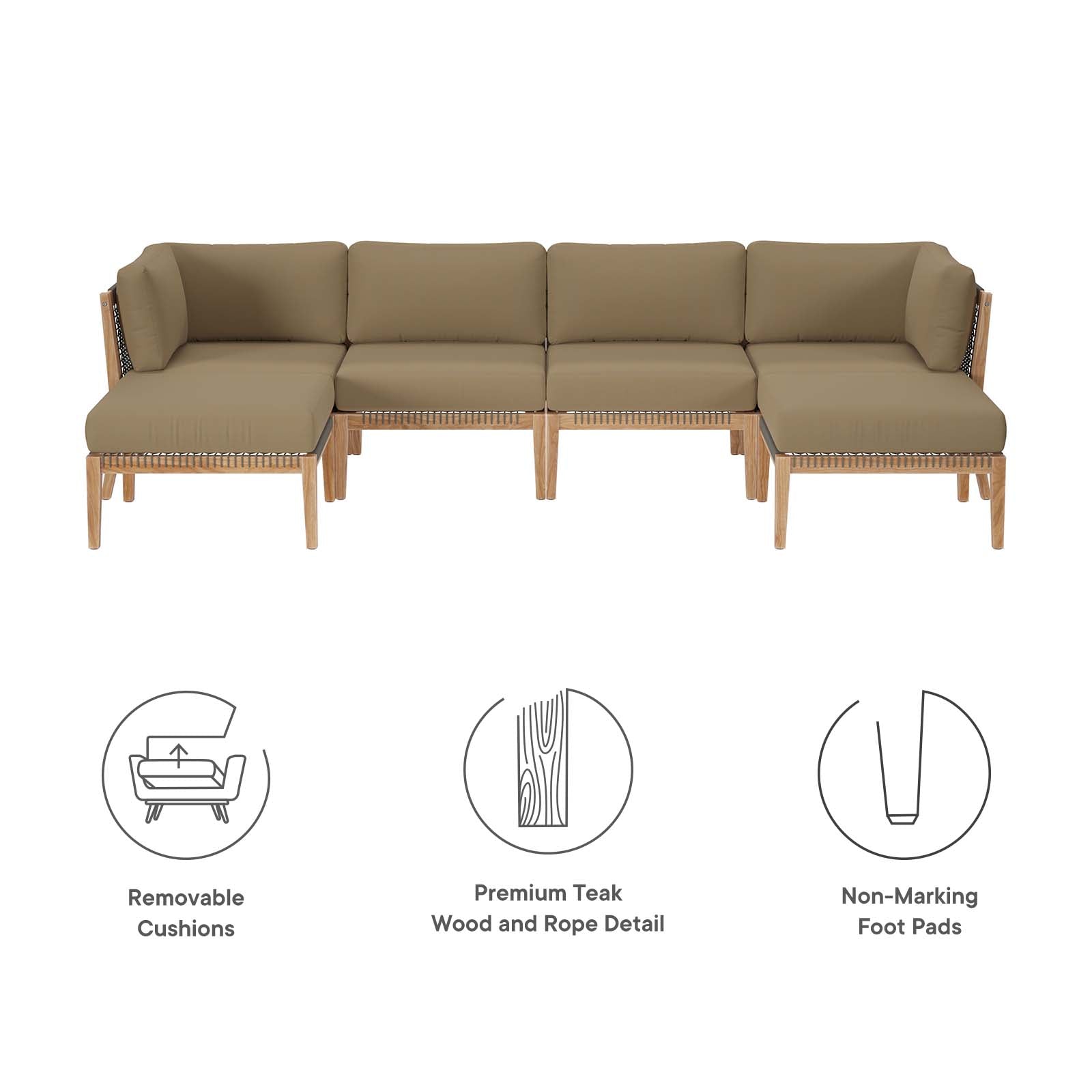 Clearwater Outdoor Patio Teak Wood 6-Piece Sectional Sofa By Modway - EEI-6122 | Outdoor Sofas, Loveseats & Sectionals | Modishstore - 17