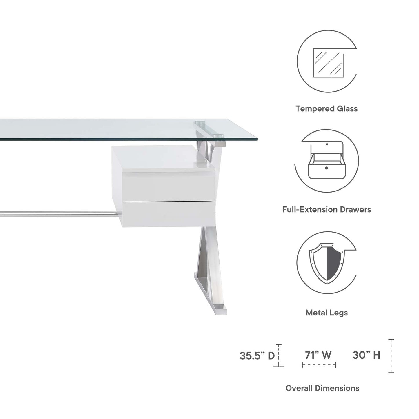 Sector 71" Glass Top Glass Office Desk By Modway - EEI-6226 | Desks | Modishstore - 7