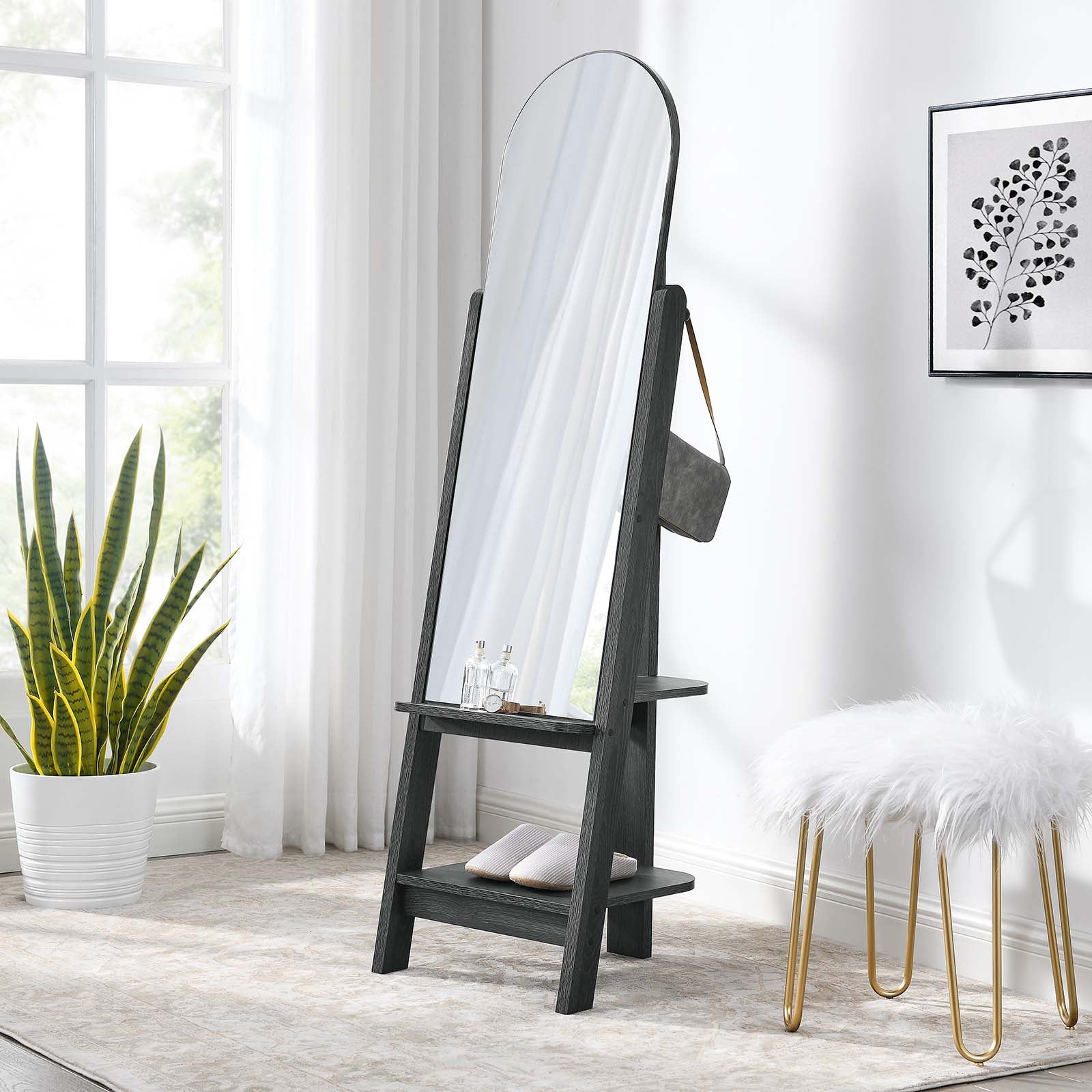 （株）吉桂　stand mirror  b3600wn Modway Ascend Standing Wood Mirror with Storage Arch Black Glass â