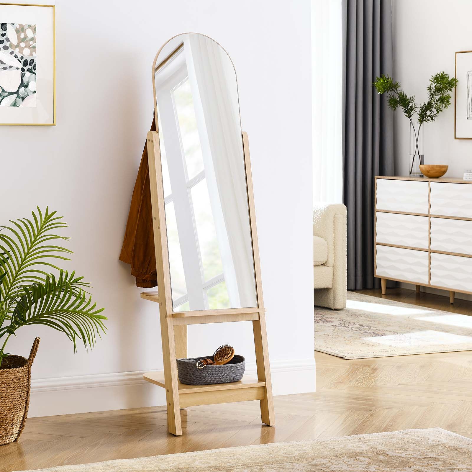 Modway Ascend Standing Wood Mirror with Storage Arch Black Glass â