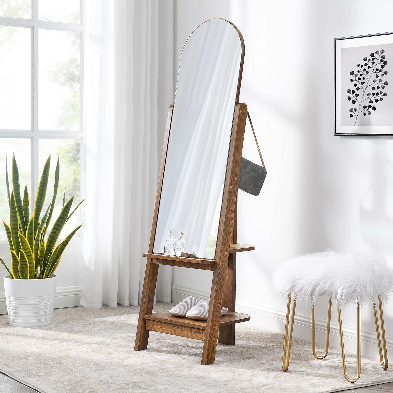 Modway Ascend Standing Wood Mirror with Storage Arch Black Glass â