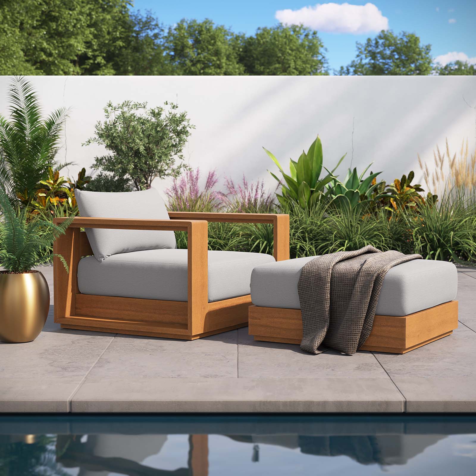 Tahoe Outdoor Patio Acacia Wood 2-Piece Armchair and Ottoman Set By Modway - EEI-6800 | Outdoor Sofas, Loveseats & Sectionals | Modishstore - 1