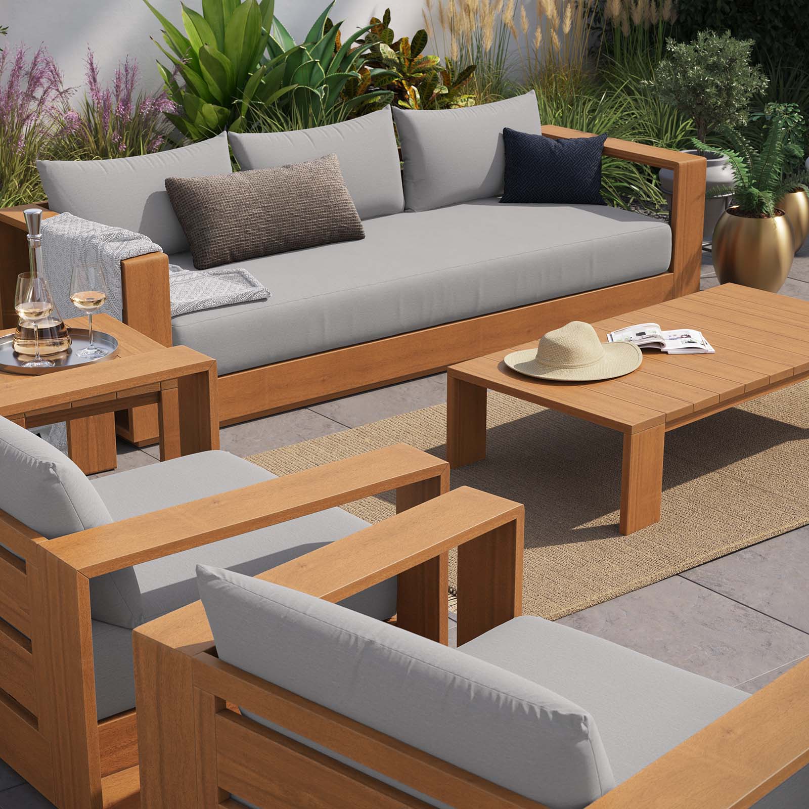 Modway Tahoe Outdoor Patio Acacia Wood Fabric sofas, loveseats