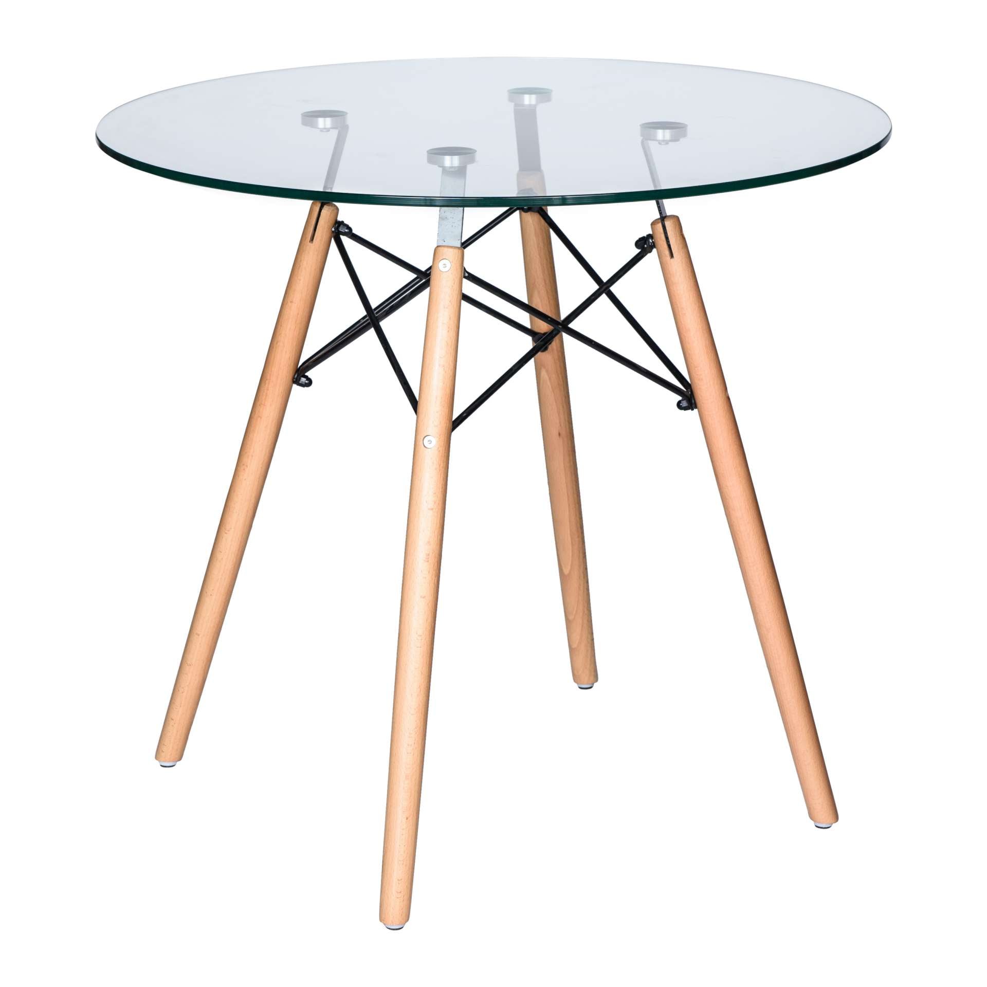 LeisureMod Dover Round Bistro Glass Top Dining Table W/ Natural Wood Eiffel Base | Dining Tables | Modishstore