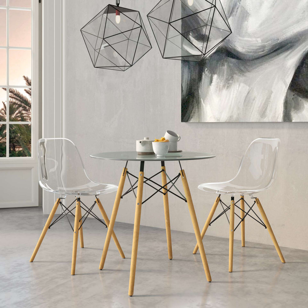 LeisureMod Dover Round Bistro Glass Top Dining Table W/ Natural Wood Eiffel Base | Dining Tables | Modishstore - 2