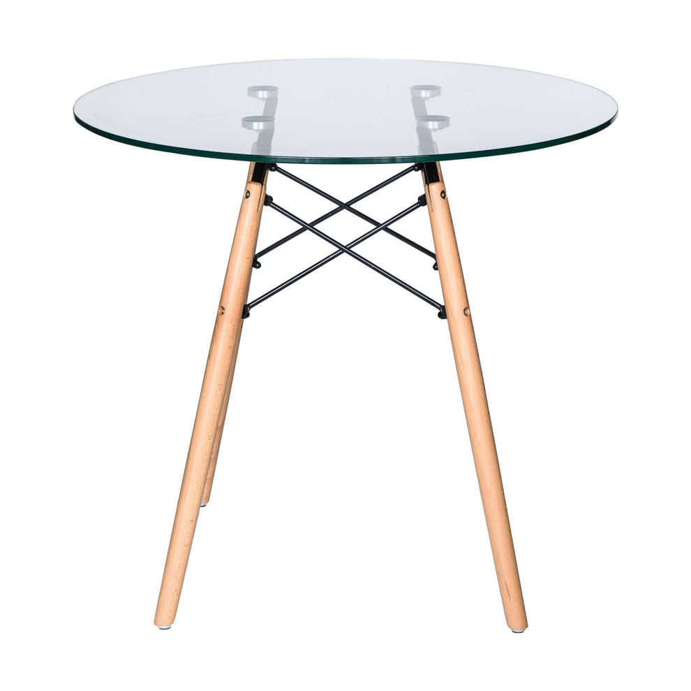LeisureMod Dover Round Bistro Glass Top Dining Table W/ Natural Wood Eiffel Base | Dining Tables | Modishstore - 8