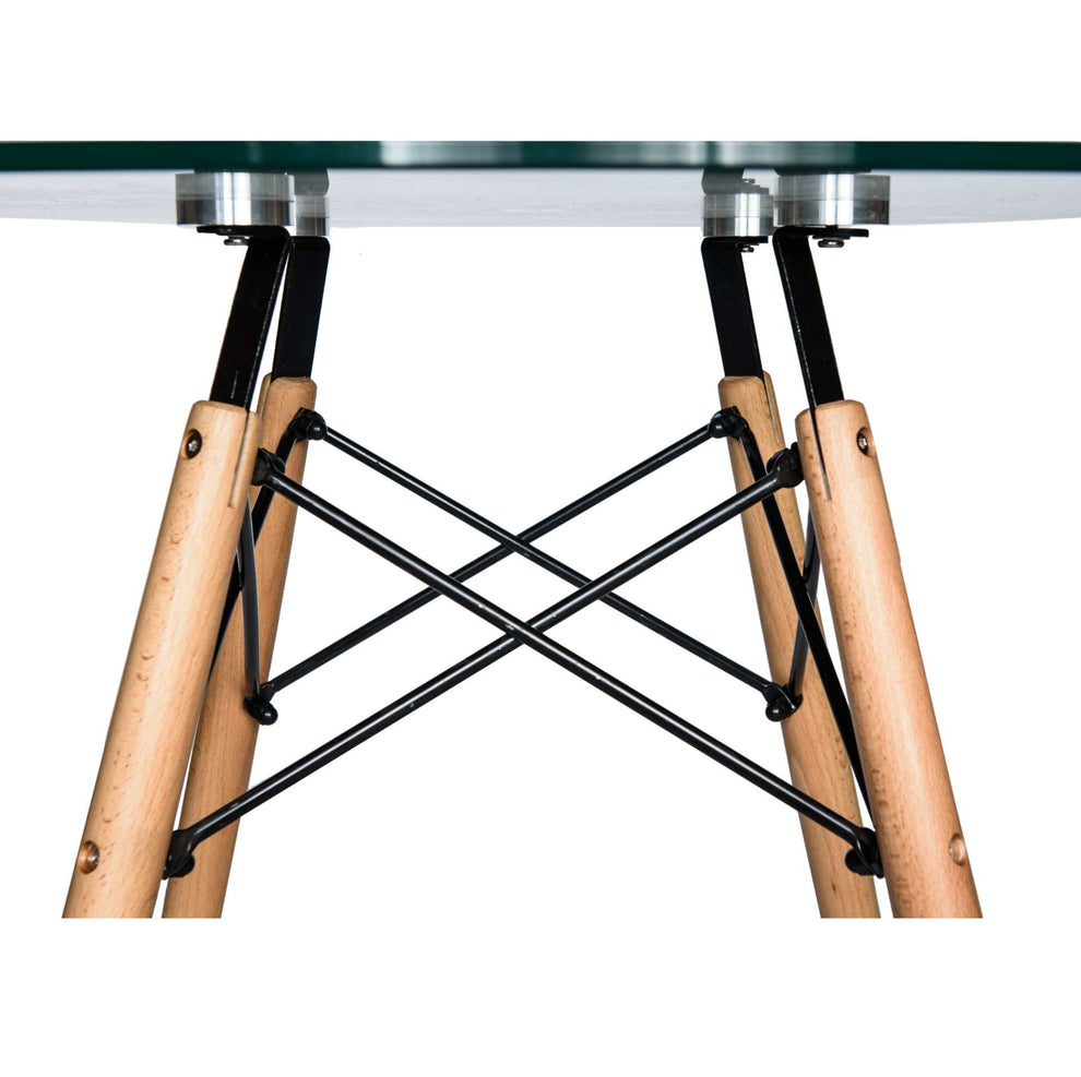 LeisureMod Dover Round Bistro Glass Top Dining Table W/ Natural Wood Eiffel Base | Dining Tables | Modishstore - 6