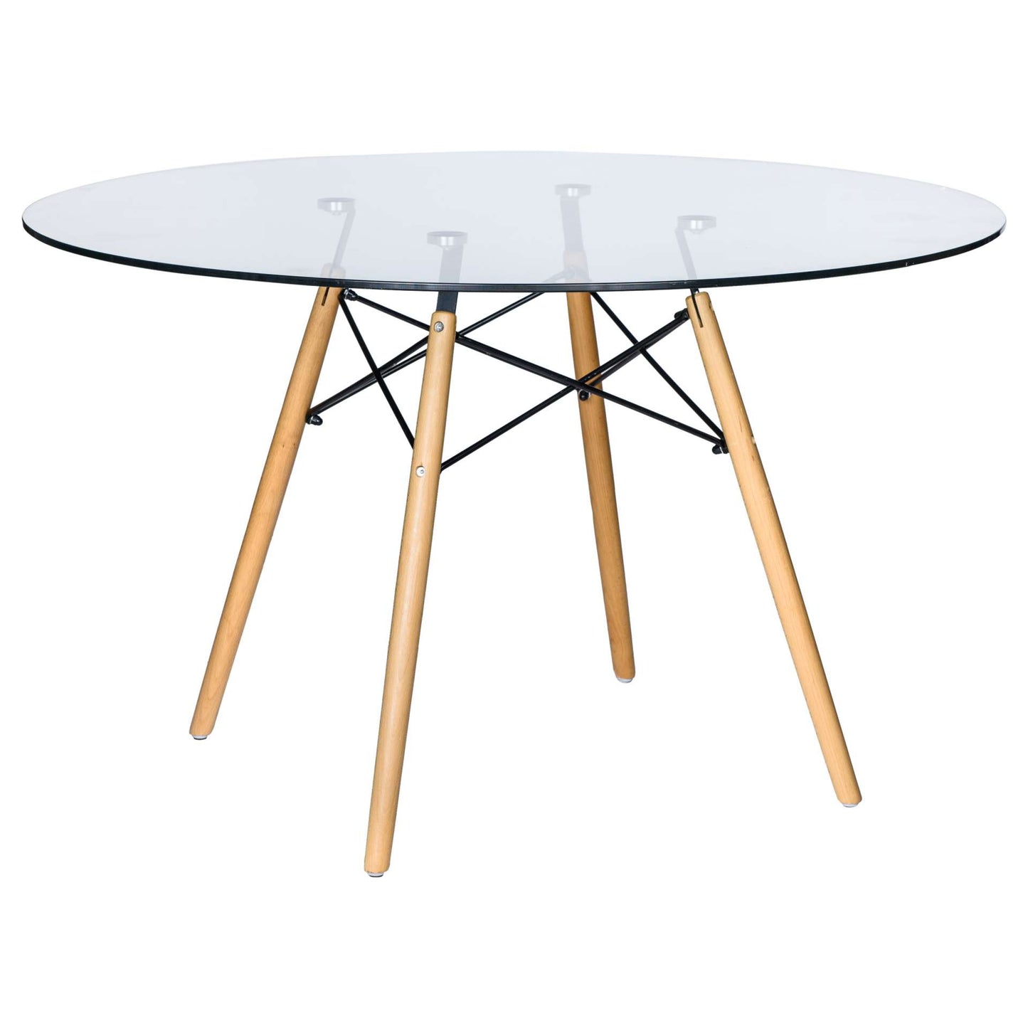 LeisureMod Dover Round Glass Top Dining Table W/ Natural Wood Eiffel Base | Dining Tables | Modishstore