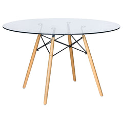 LeisureMod Dover Round Glass Top Dining Table W/ Natural Wood Eiffel Base