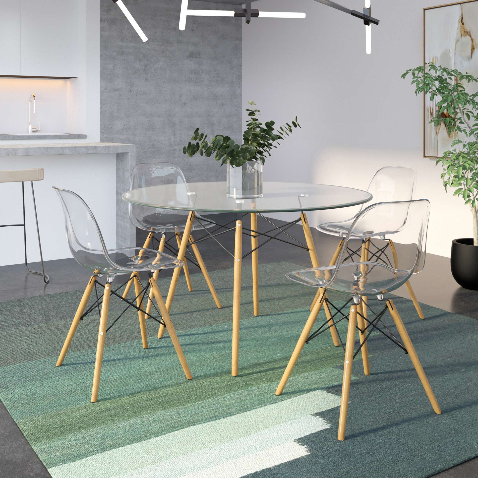 LeisureMod Dover Round Glass Top Dining Table W/ Natural Wood Eiffel Base | Dining Tables | Modishstore - 2