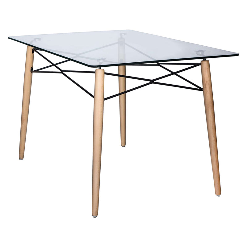 LeisureMod Dover 4Ft Rectangle Glass Top Dining Table W/ Natural Wood Eiffel Base | Dining Tables | Modishstore