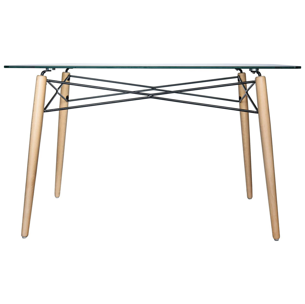 LeisureMod Dover 4Ft Rectangle Glass Top Dining Table W/ Natural Wood Eiffel Base | Dining Tables | Modishstore - 2